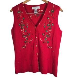 M – Vintage Kikit Knitwear Red Beaded Poinsettia Holiday Sweater Vest